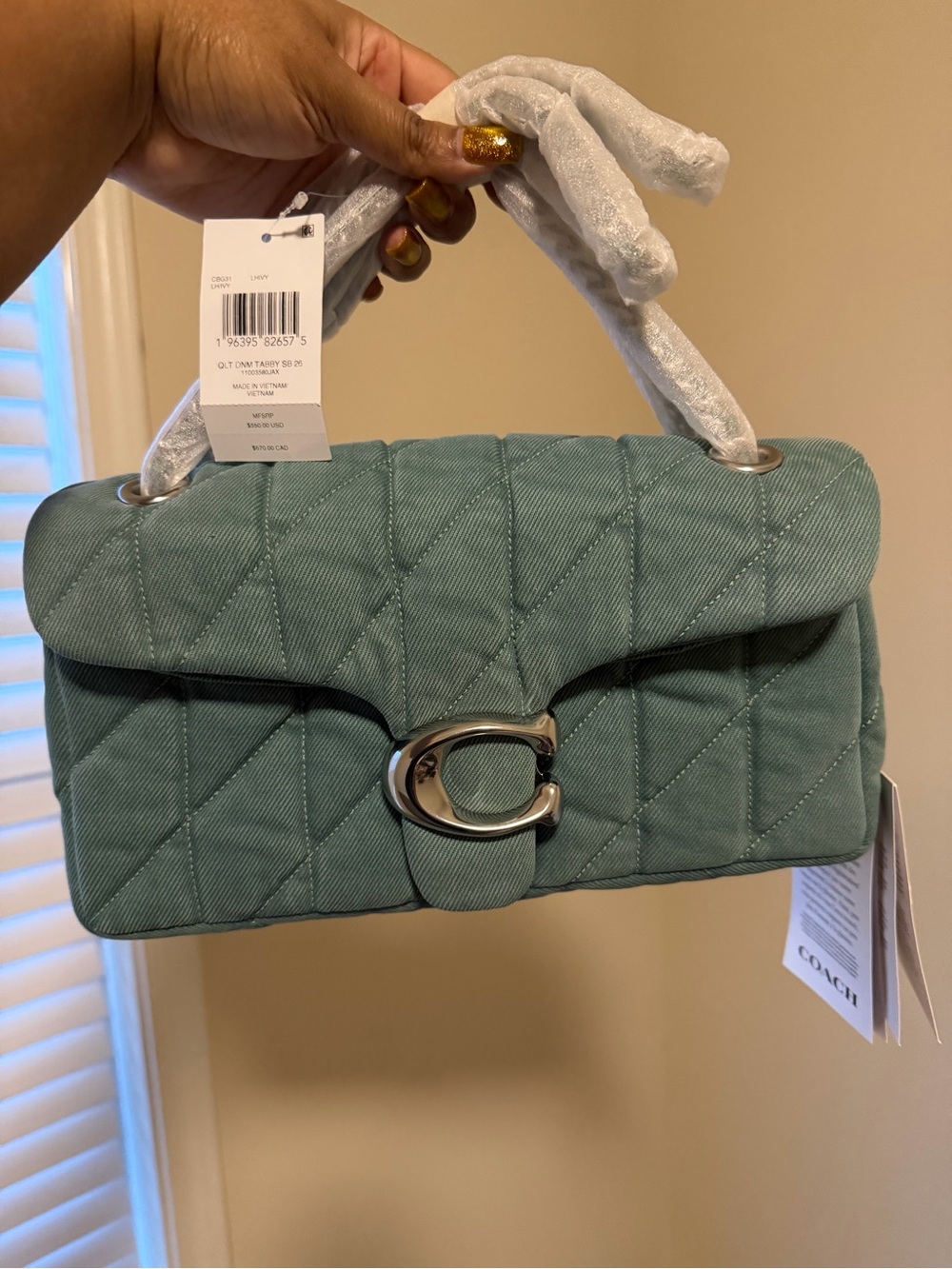 Coach Quilted Denim Tabby 26 in Sage Green with Silver Hardware